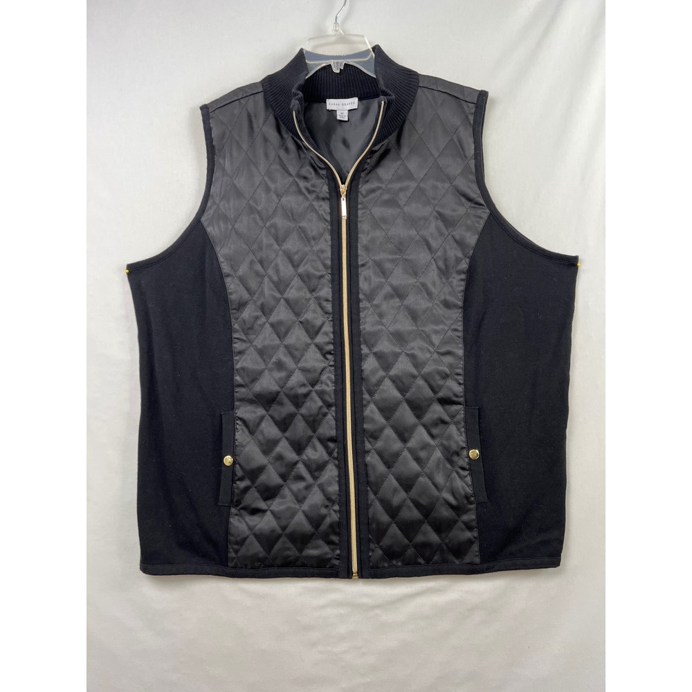 Susan Graver Quilted Vest Women 3X Black Mixed Media Full Zip Gold Hardware